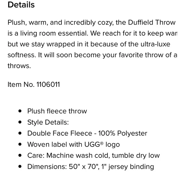 Duffield Throw II
 Ugg new fleece blanket cream color - Picture 2 of 4